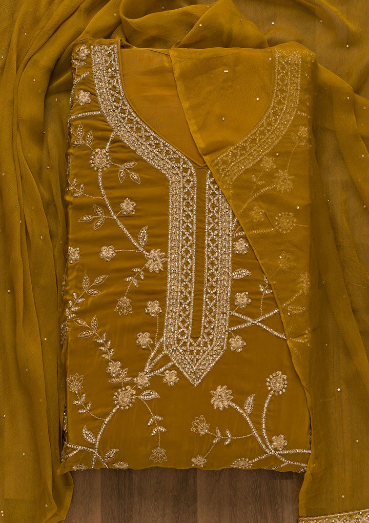 Mustard Stonework Semi Crepe Unstitched Salwar Kameez-Koskii