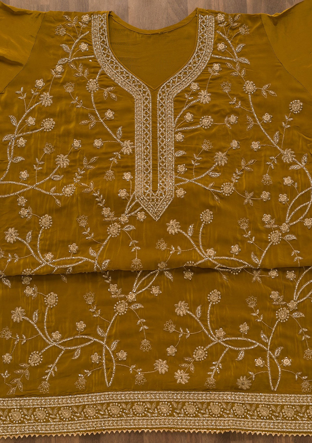 Mustard Stonework Semi Crepe Unstitched Salwar Kameez-Koskii