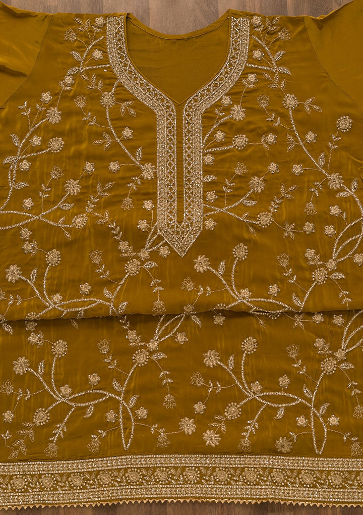Mustard Stonework Semi Crepe Unstitched Salwar Kameez-Koskii
