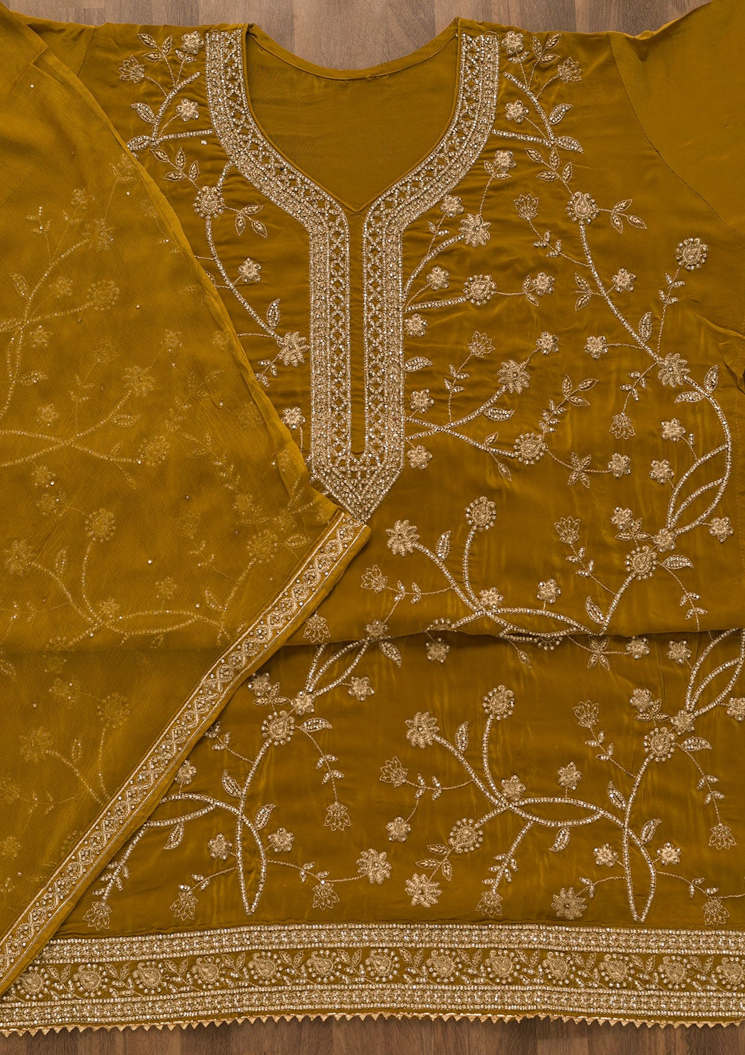 Mustard Stonework Semi Crepe Unstitched Salwar Kameez-Koskii
