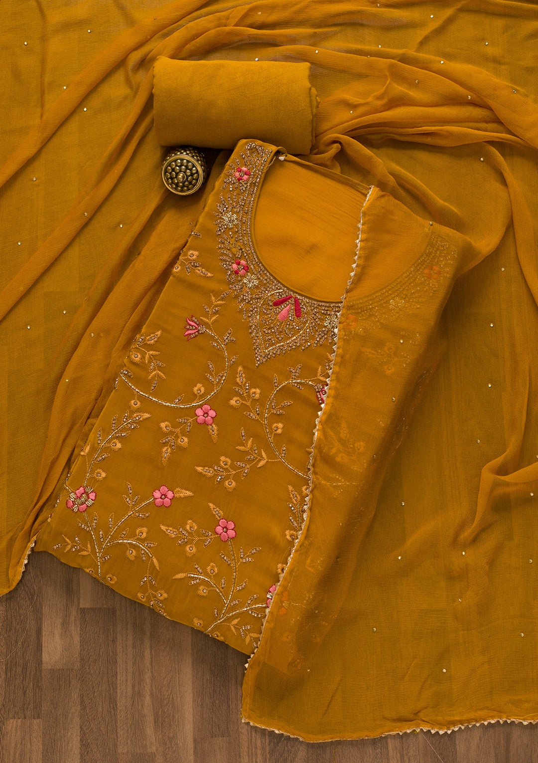 Mustard Stonework Semi Crepe Unstitched Salwar Kameez-Koskii