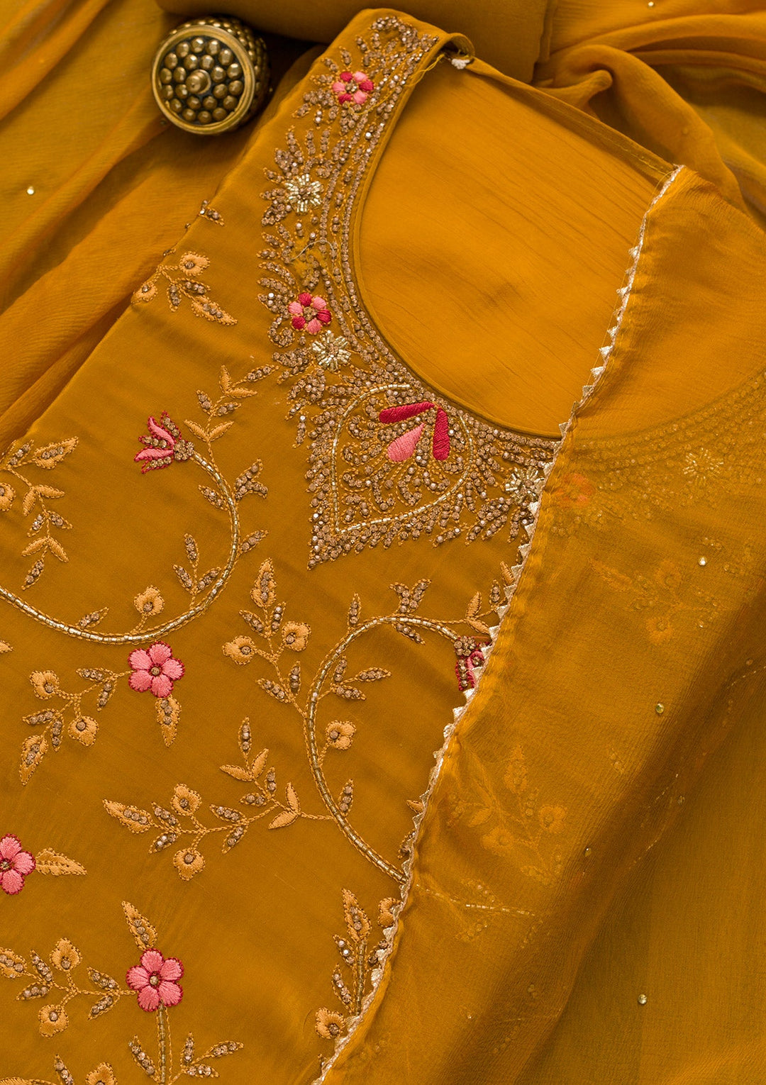 Mustard Stonework Semi Crepe Unstitched Salwar Kameez-Koskii