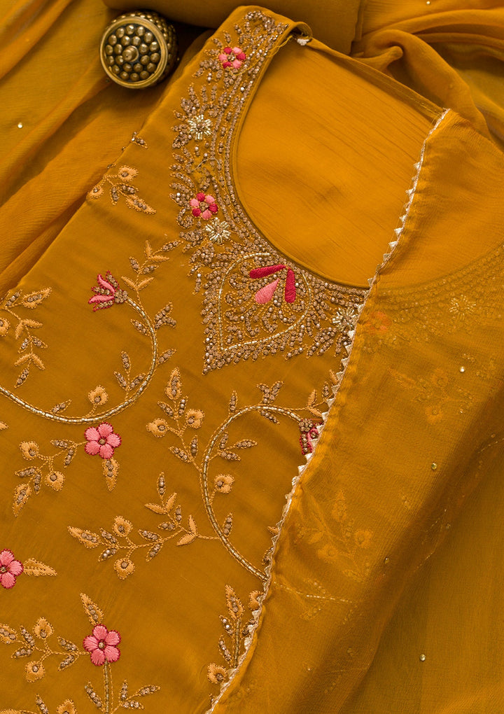 Mustard Stonework Semi Crepe Unstitched Salwar Kameez-Koskii