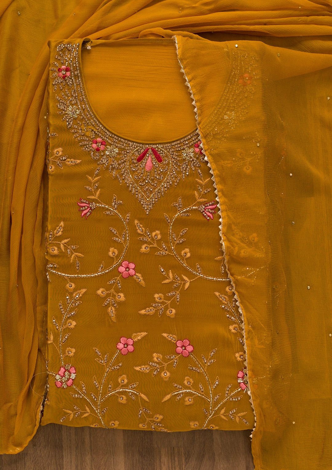Mustard Stonework Semi Crepe Unstitched Salwar Kameez-Koskii