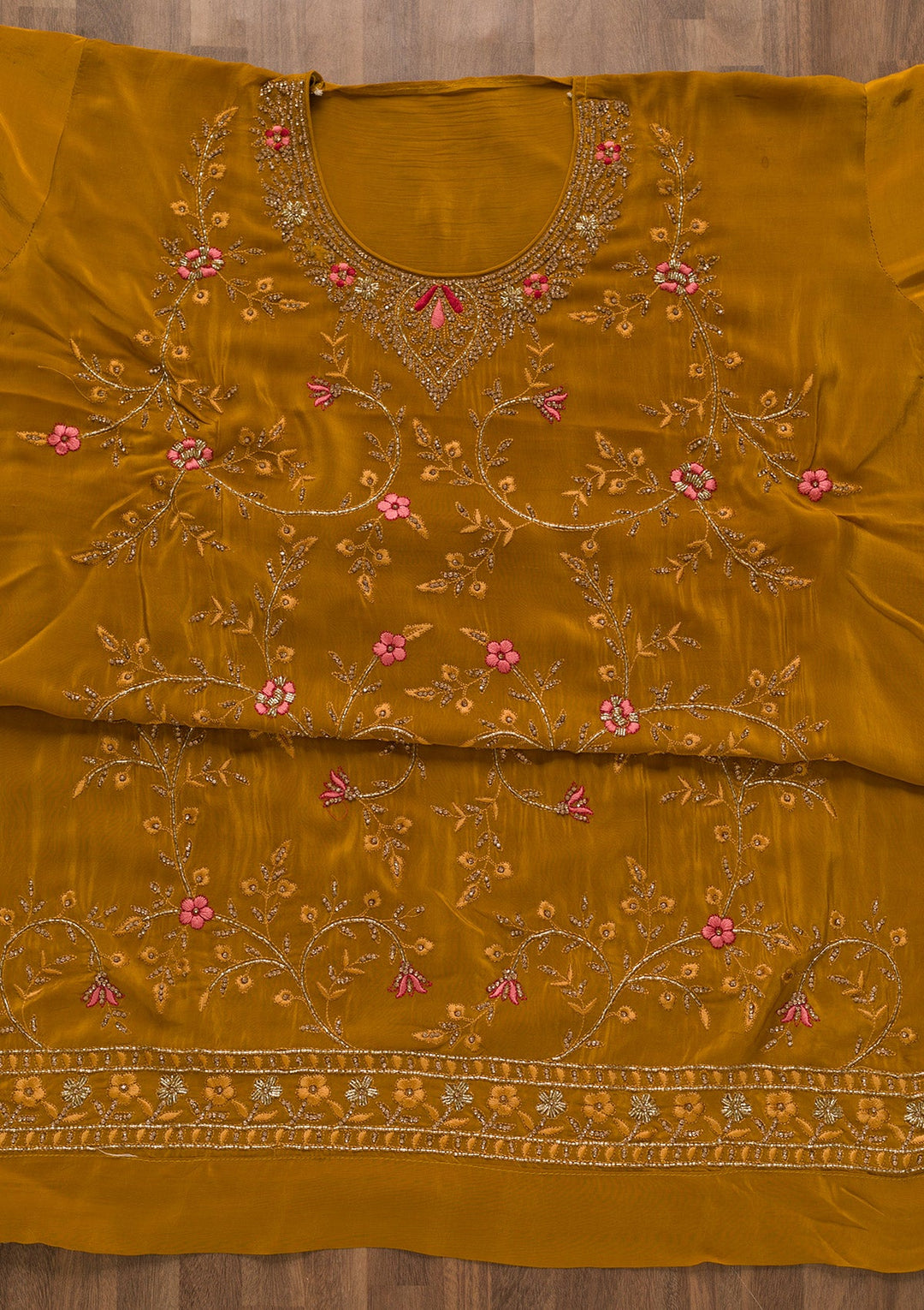 Mustard Stonework Semi Crepe Unstitched Salwar Kameez-Koskii