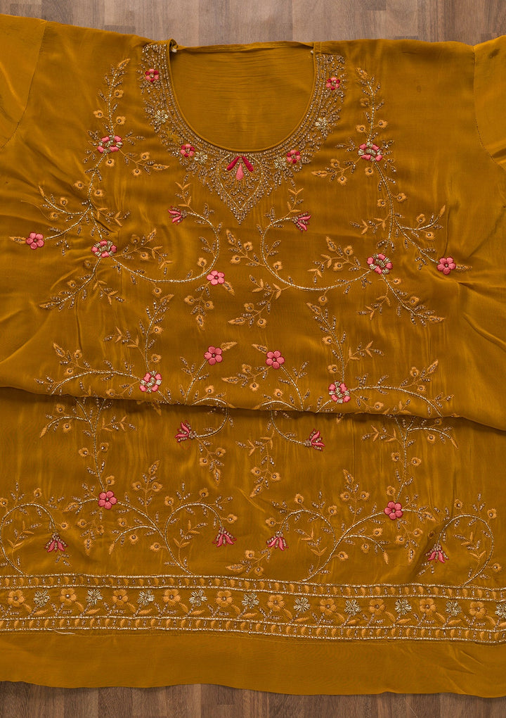 Mustard Stonework Semi Crepe Unstitched Salwar Kameez-Koskii