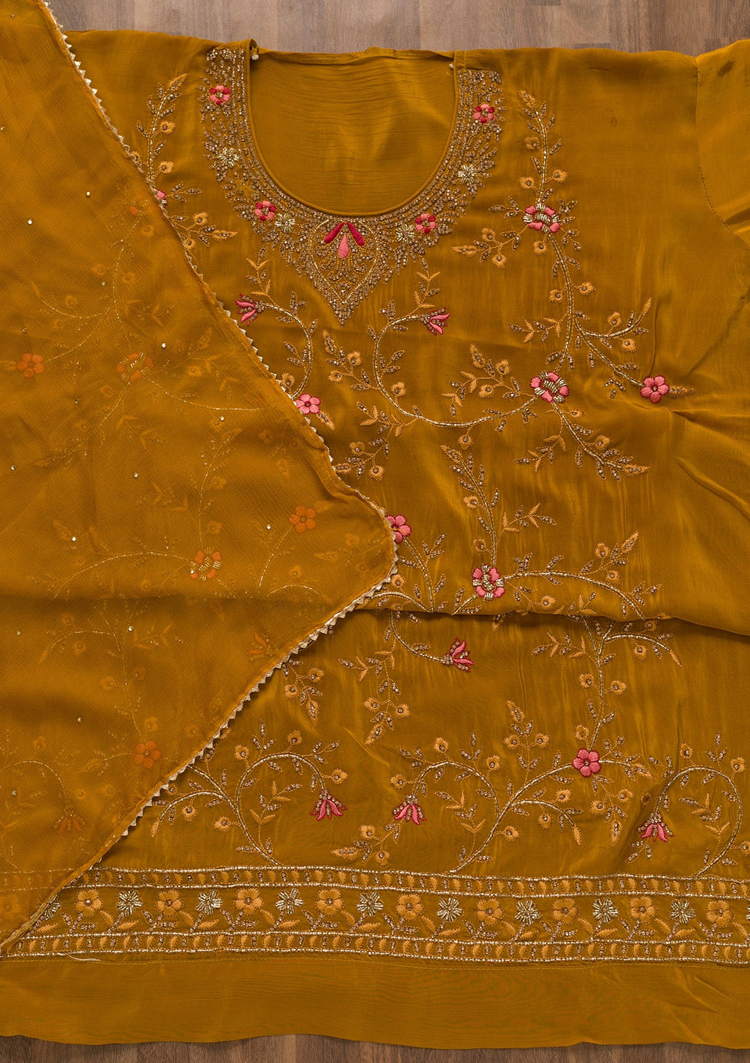 Mustard Stonework Semi Crepe Unstitched Salwar Kameez-Koskii