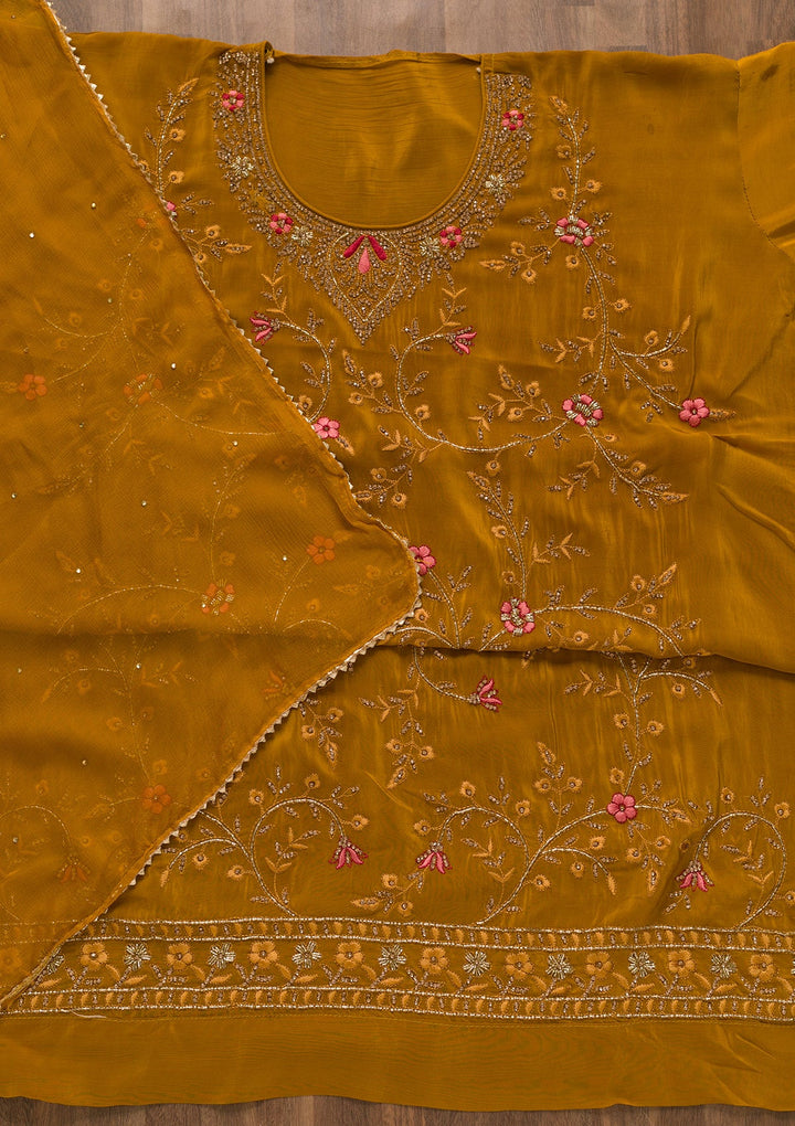 Mustard Stonework Semi Crepe Unstitched Salwar Kameez-Koskii