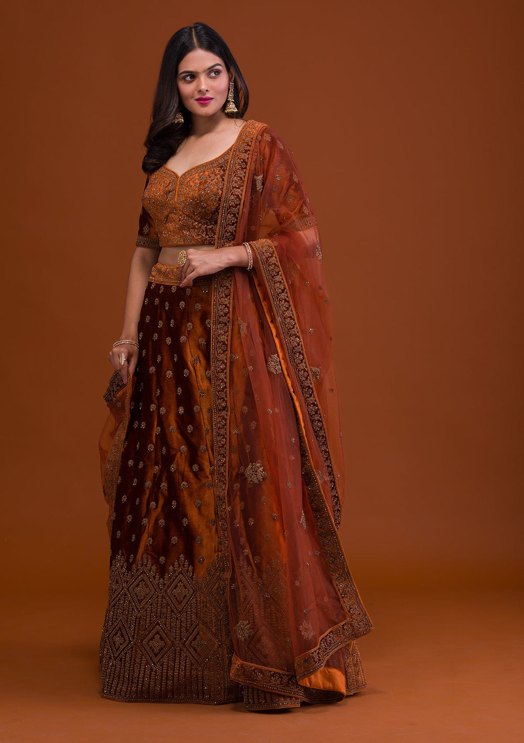 Mustard Stonework Velvet Readymade Lehenga-Koskii