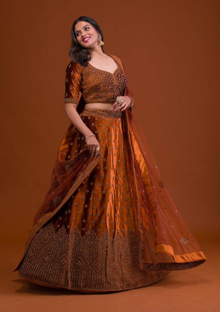 Mustard Stonework Velvet Readymade Lehenga-Koskii