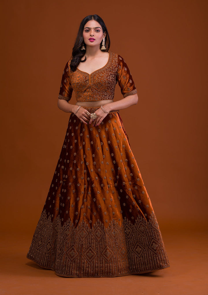Mustard Stonework Velvet Readymade Lehenga-Koskii