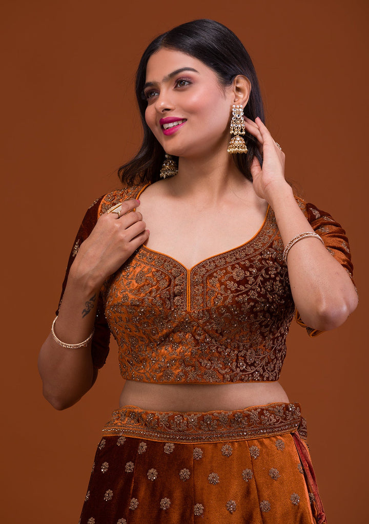 Mustard Stonework Velvet Readymade Lehenga-Koskii