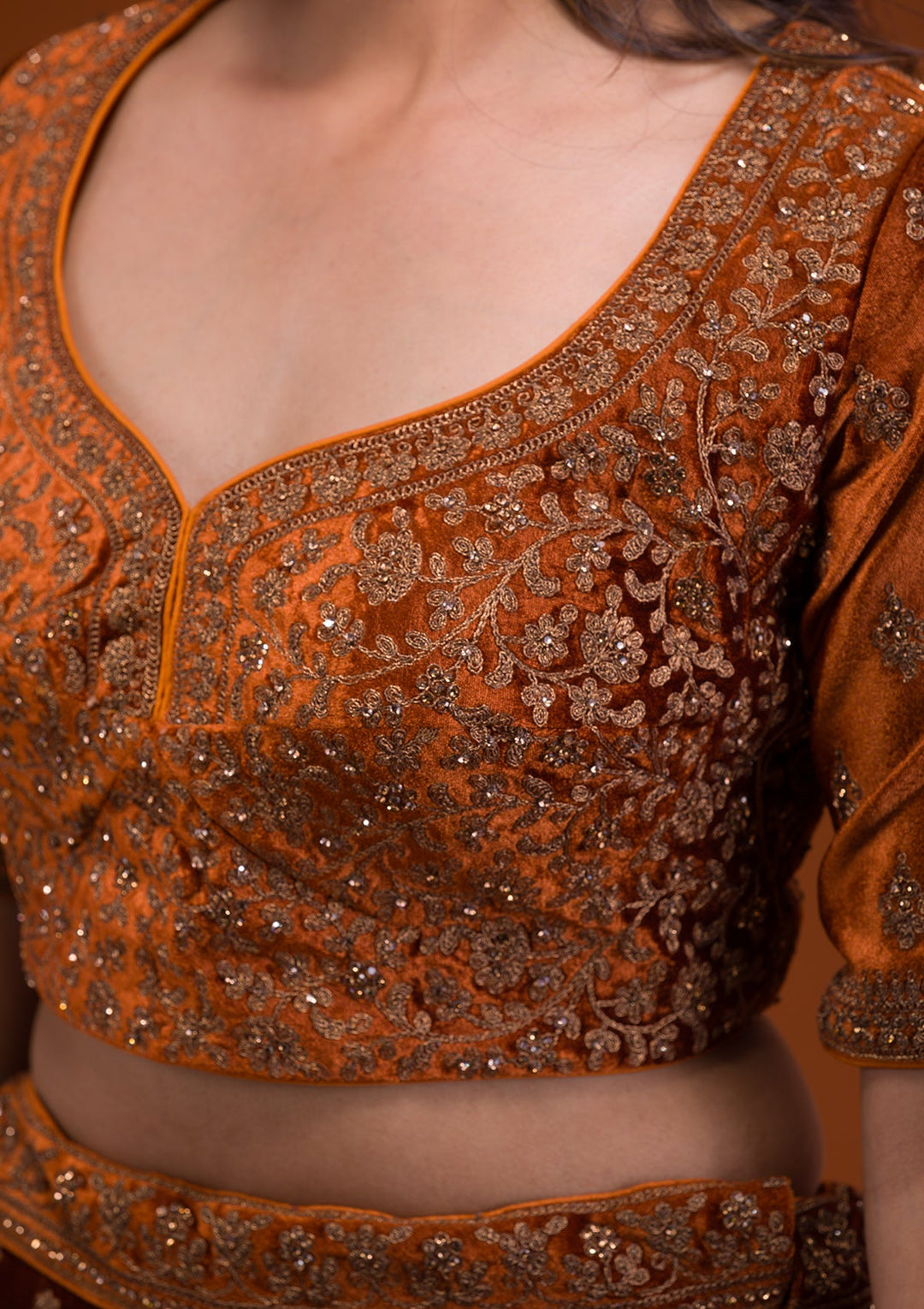 Mustard Stonework Velvet Readymade Lehenga-Koskii