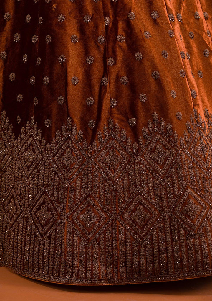 Mustard Stonework Velvet Readymade Lehenga-Koskii
