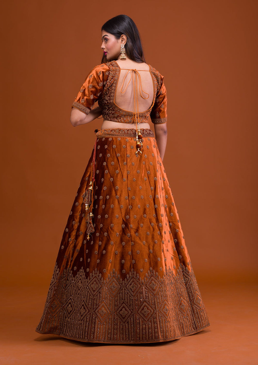 Mustard Stonework Velvet Readymade Lehenga-Koskii