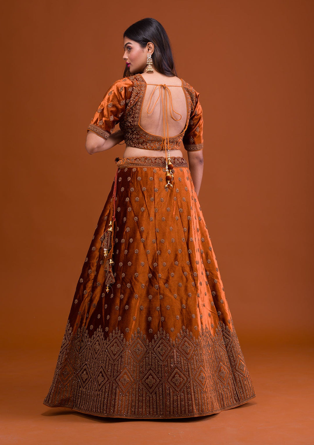 Mustard Stonework Velvet Readymade Lehenga-Koskii