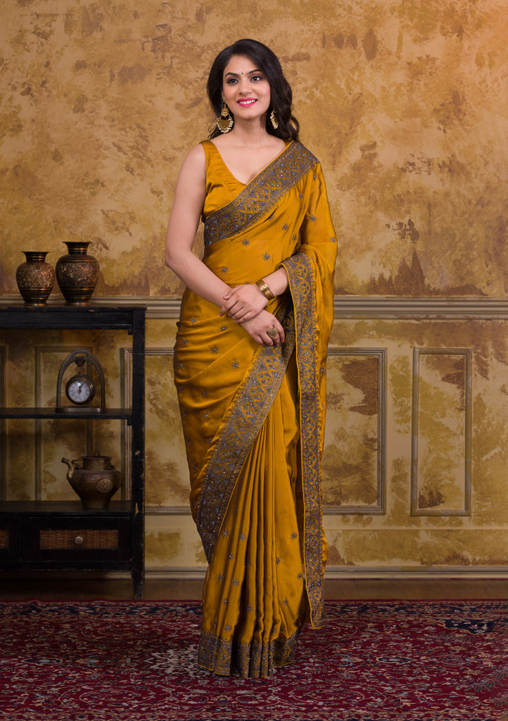 Mustard Swarovski Satin Designer Saree-Koskii
