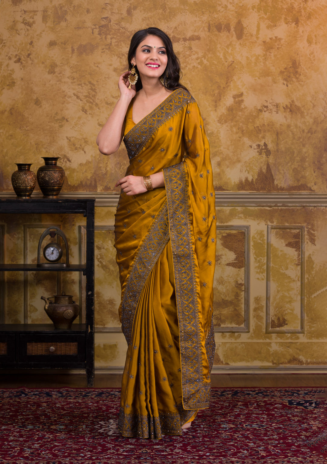 Mustard Swarovski Satin Designer Saree-Koskii