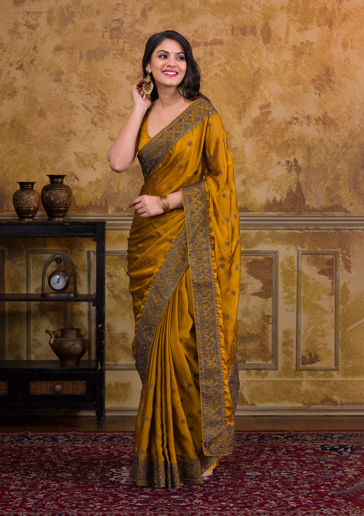 Mustard Swarovski Satin Designer Saree-Koskii