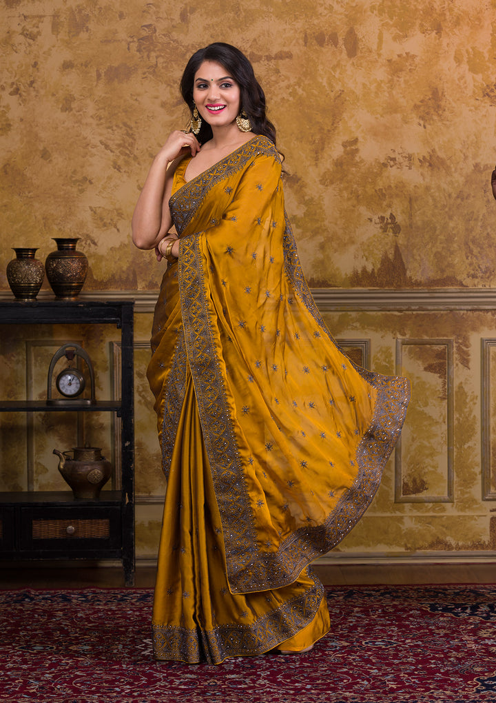 Mustard Swarovski Satin Designer Saree-Koskii