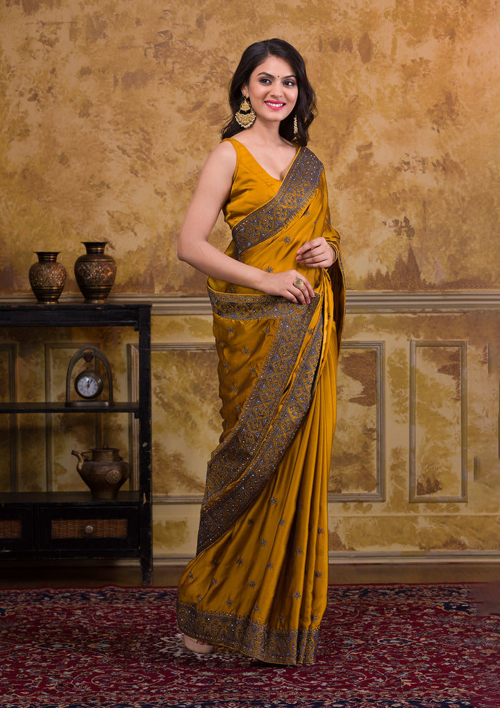 Mustard Swarovski Satin Designer Saree-Koskii