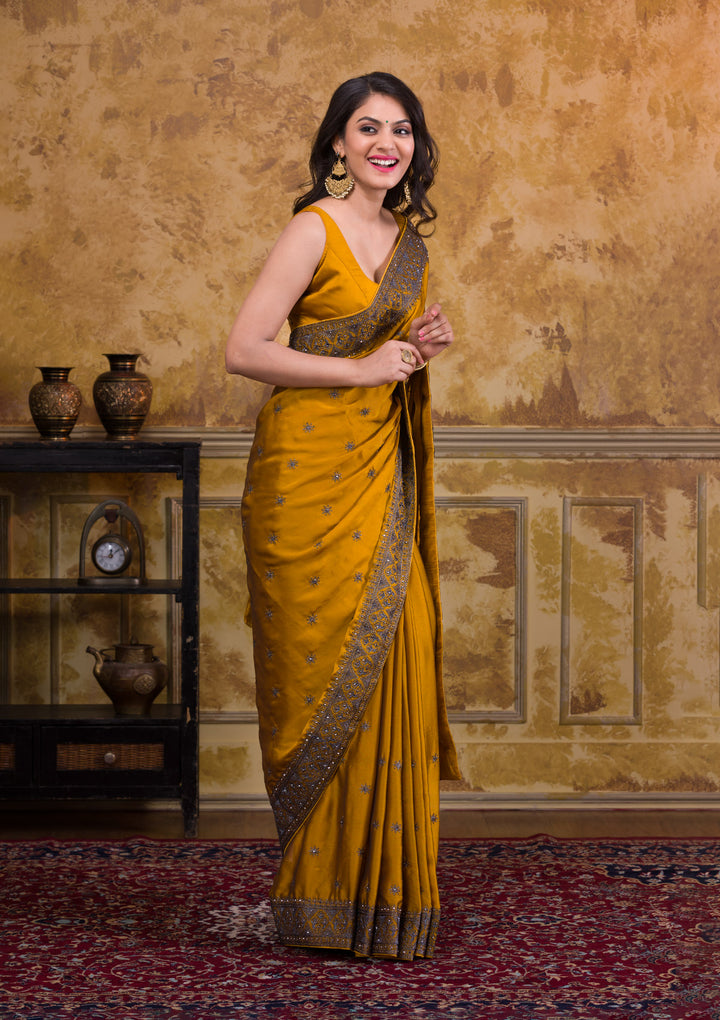 Mustard Swarovski Satin Designer Saree-Koskii