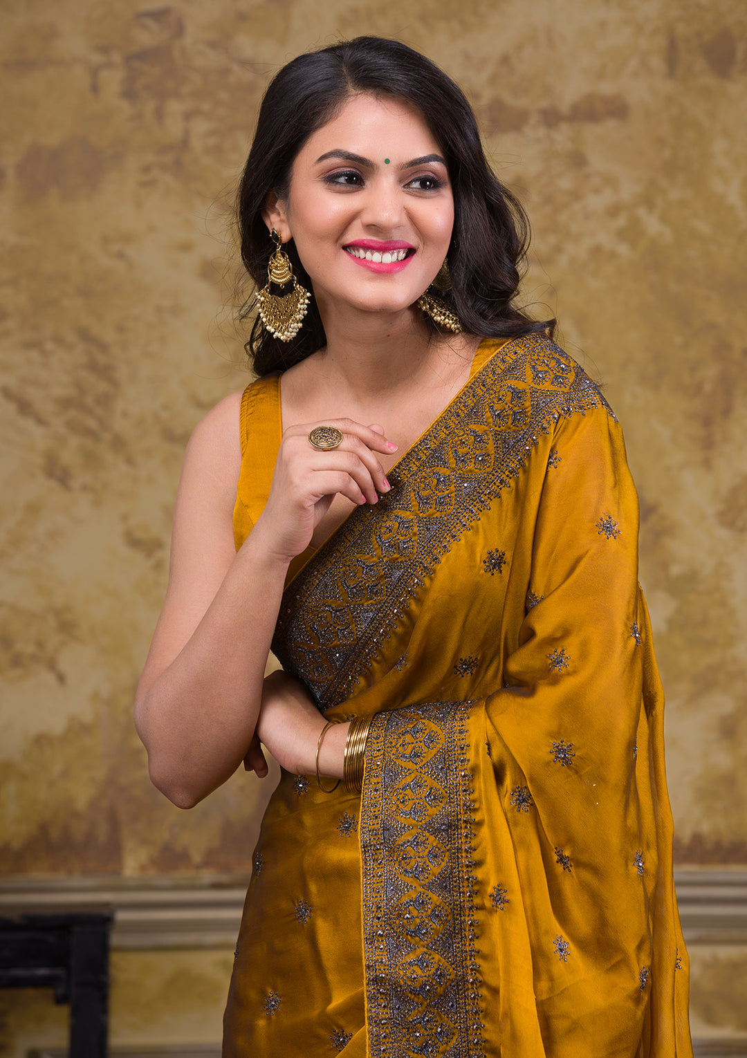 Mustard Swarovski Satin Designer Saree-Koskii