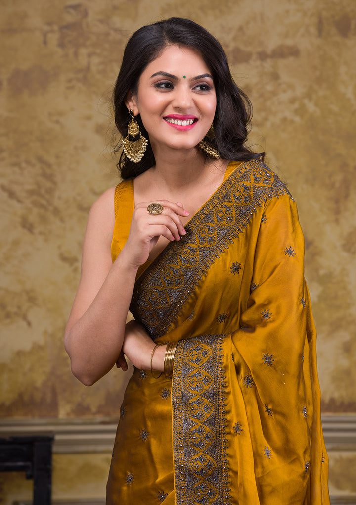 Mustard Swarovski Satin Designer Saree-Koskii