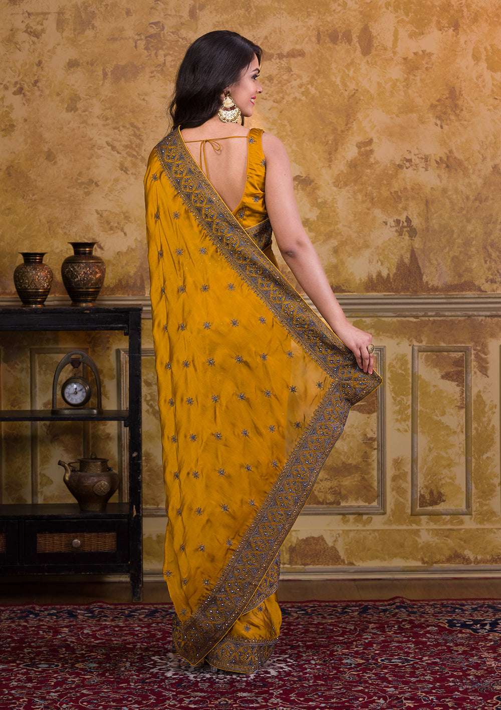 Mustard Swarovski Satin Designer Saree-Koskii