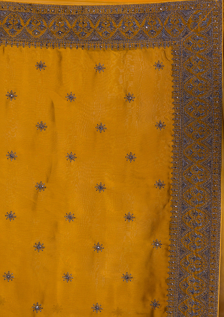 Mustard Swarovski Satin Designer Saree-Koskii