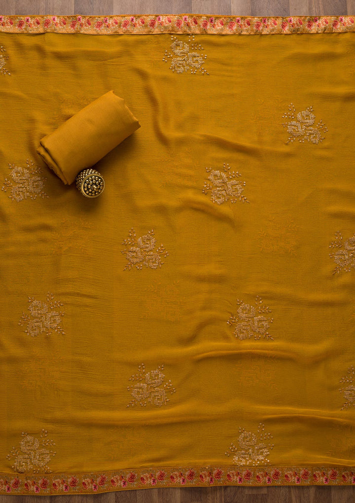 Mustard Swarovski Georgette Unstitched Salwar Suit-Koskii