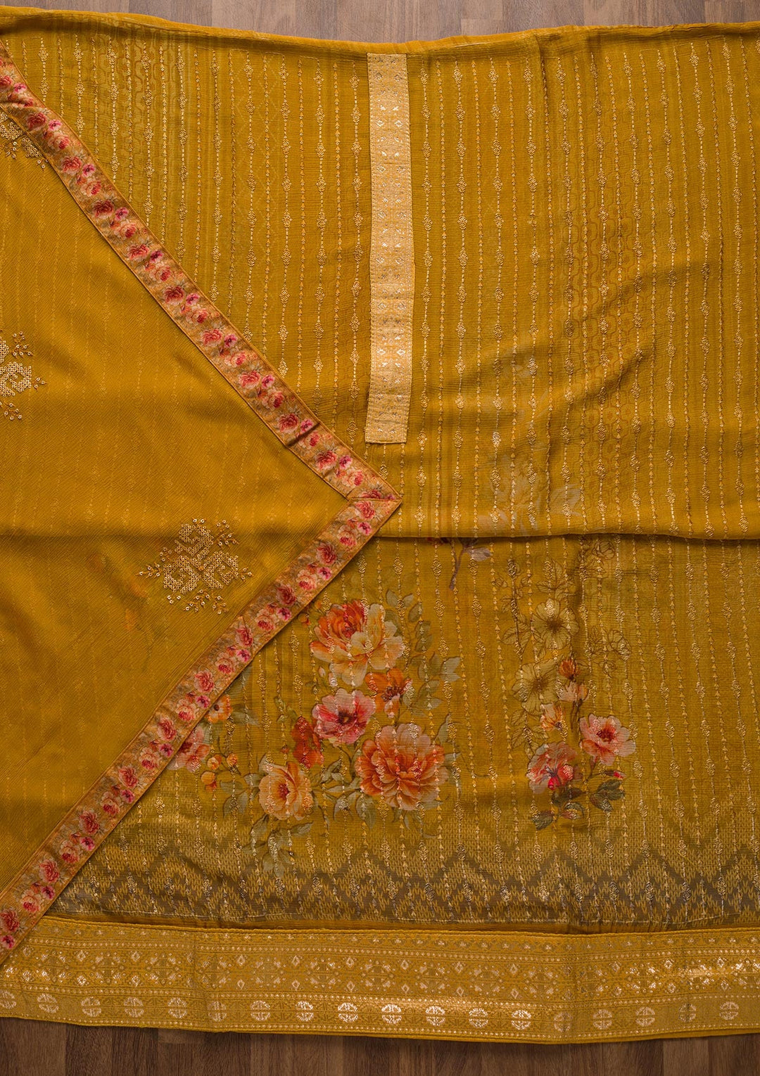 Mustard Swarovski Georgette Unstitched Salwar Suit-Koskii