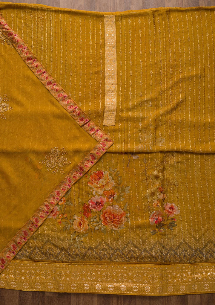 Mustard Swarovski Georgette Unstitched Salwar Suit-Koskii