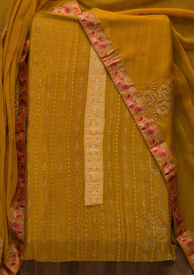 Mustard Swarovski Georgette Unstitched Salwar Suit-Koskii