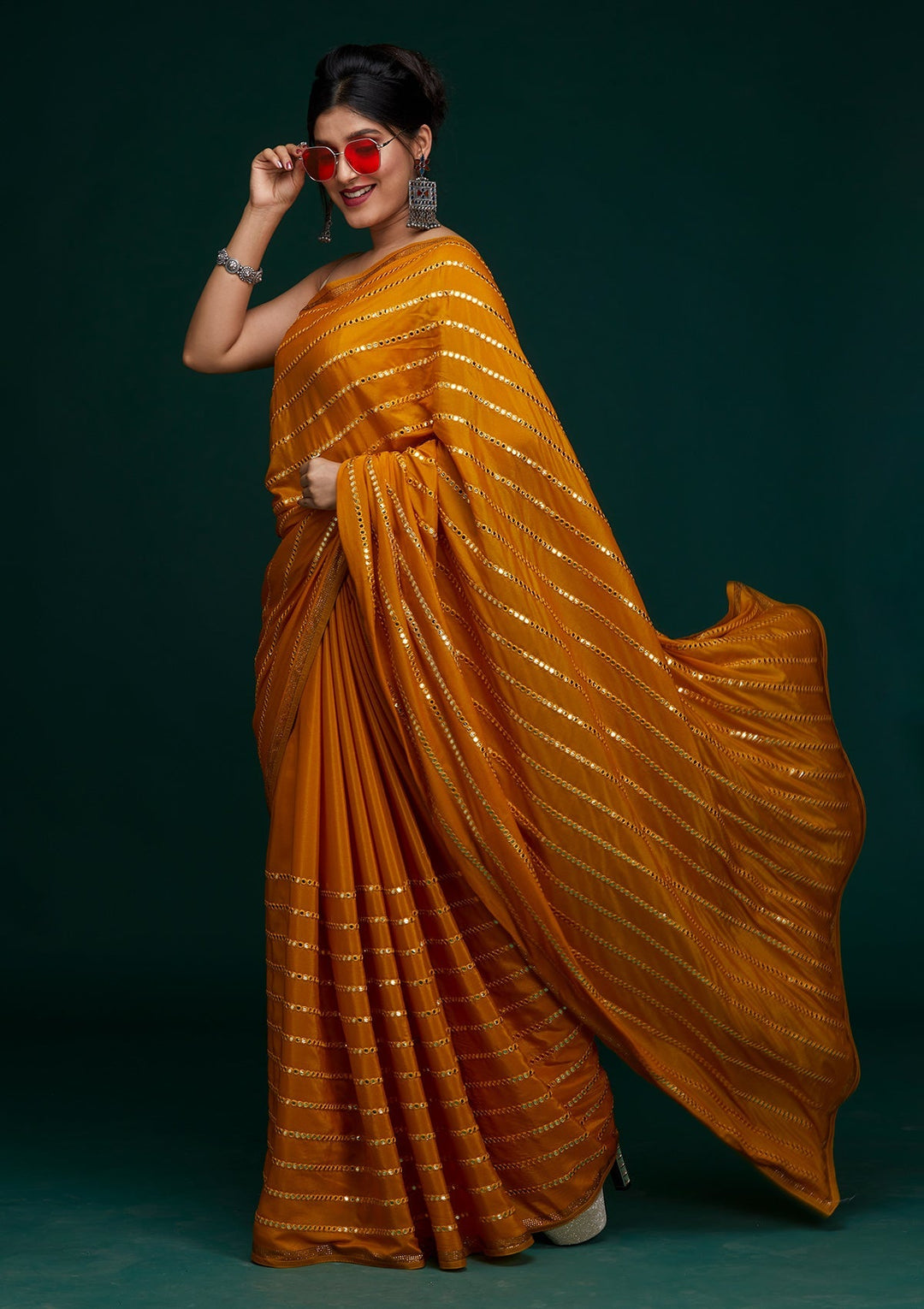 Mustard Swarovski Georgette Saree- Koskii