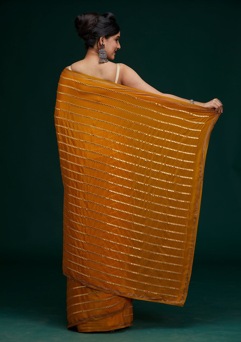 Mustard Swarovski Georgette Saree - Koskii