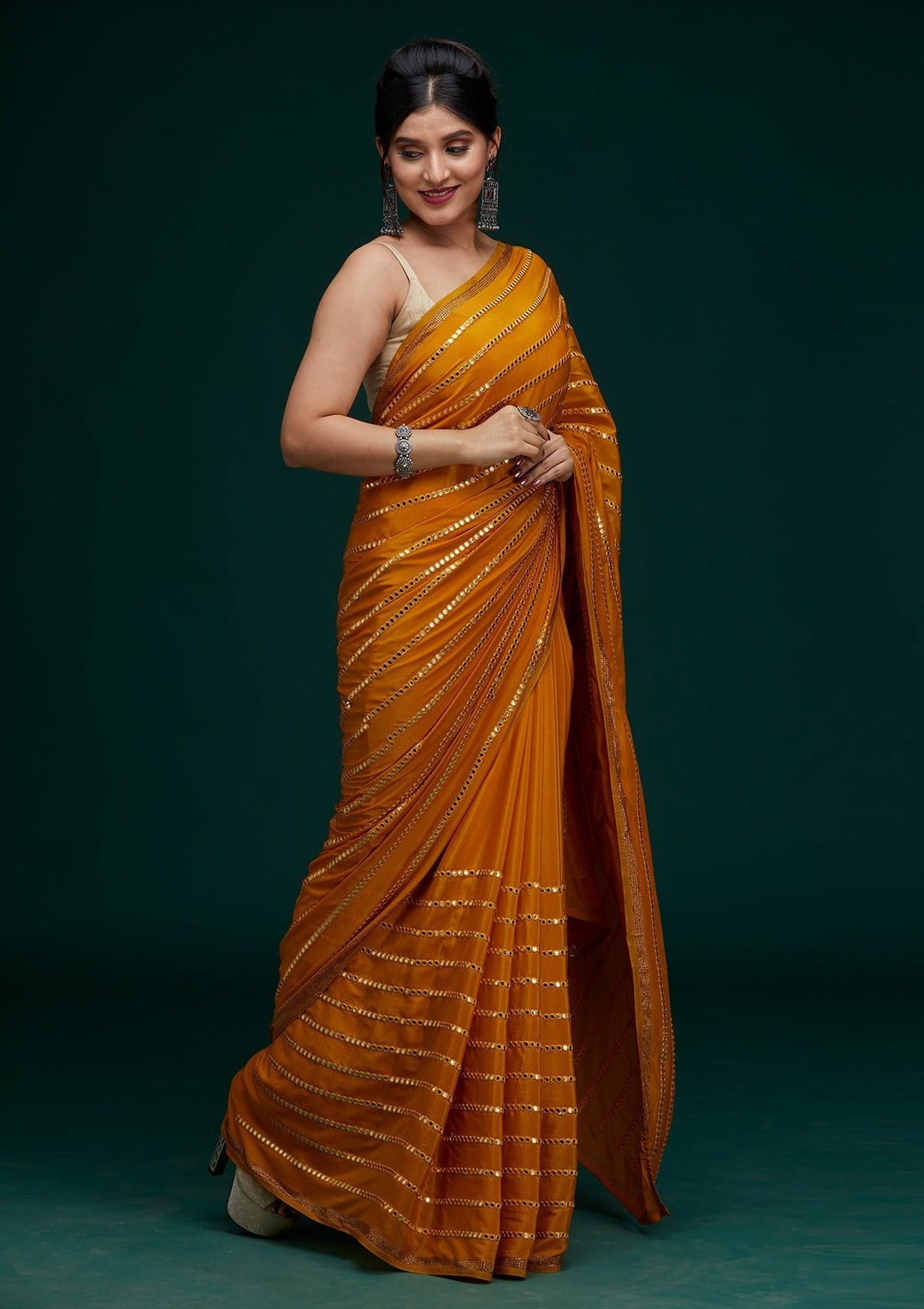 Mustard Swarovski Georgette Saree - Koskii