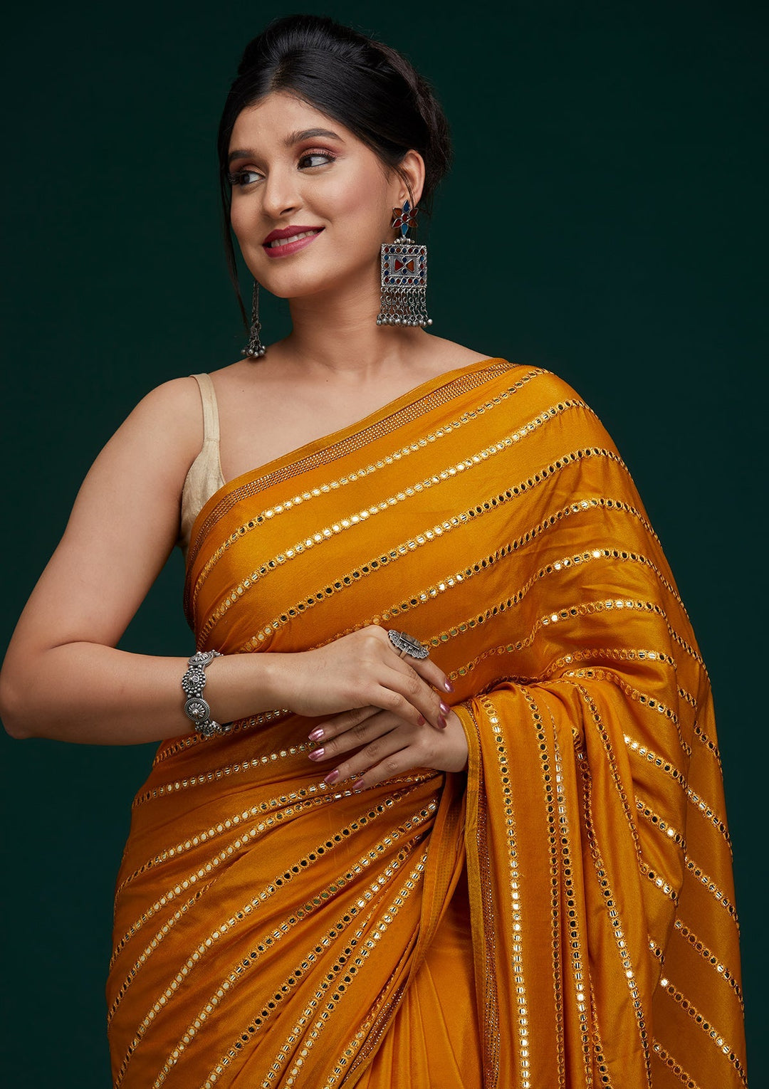 Mustard Swarovski Georgette Saree - Koskii