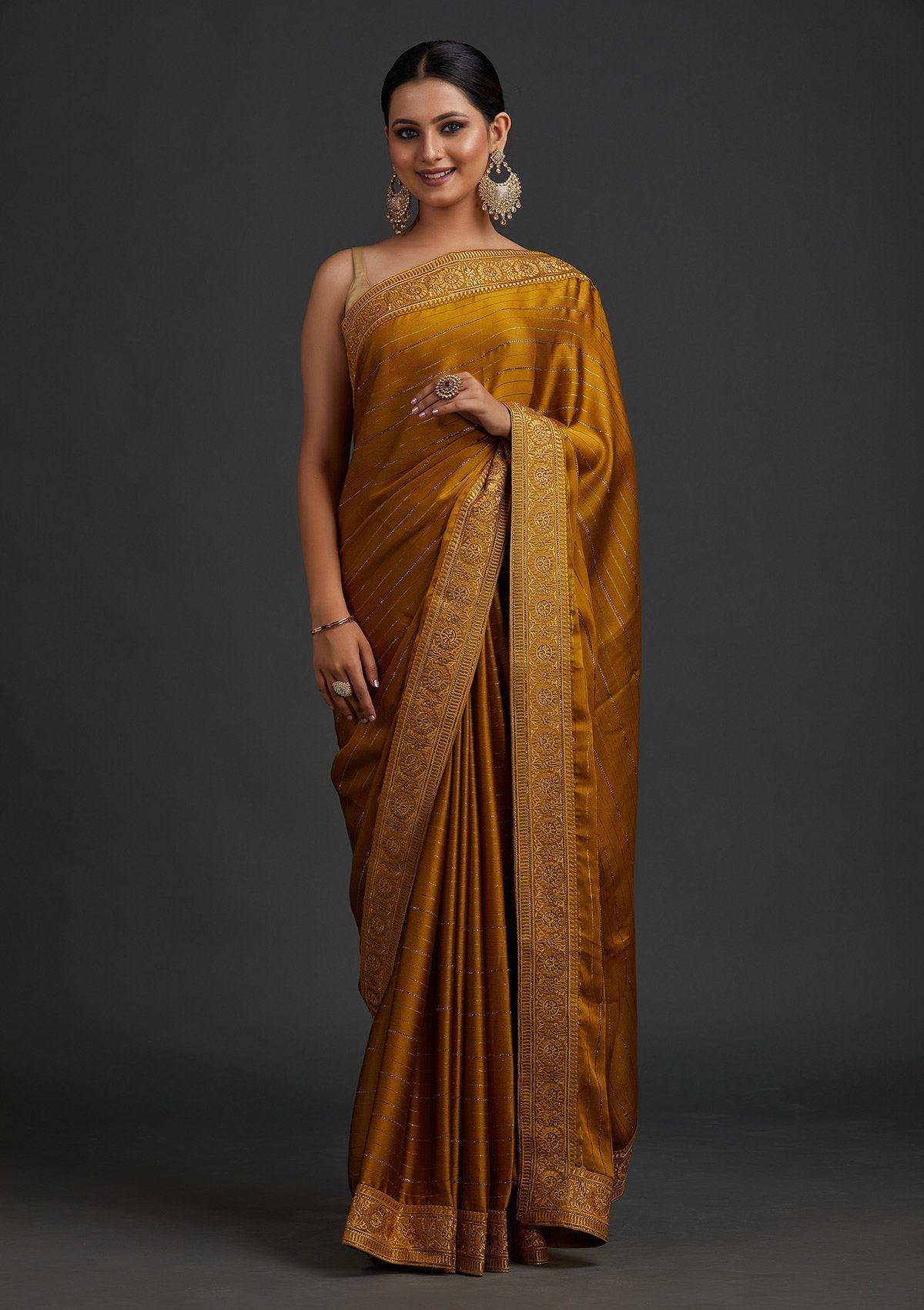 Mustard Swarovski Georgette Designer Saree - koskii