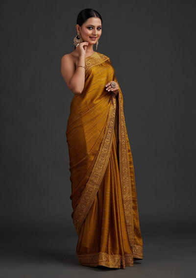 Mustard Swarovski Georgette Designer Saree - koskii