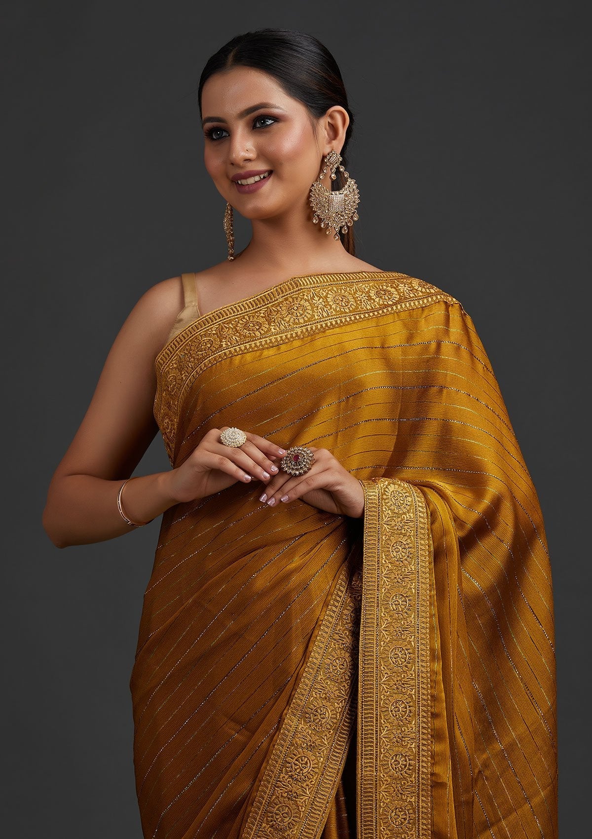 Mustard Swarovski Georgette Designer Saree - koskii