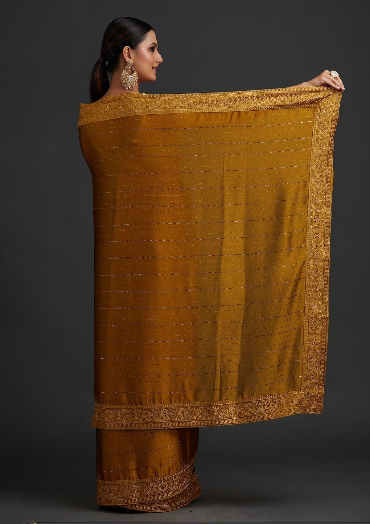 Mustard Swarovski Georgette Designer Saree - koskii