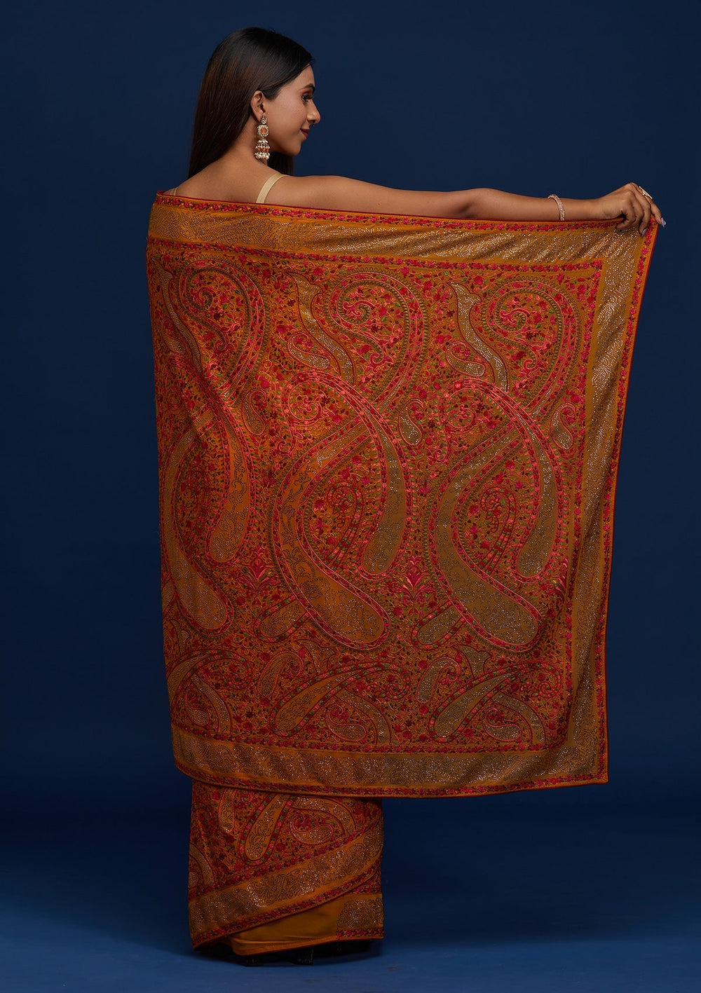 Mustard Swarovski Georgette Designer Saree - Koskii