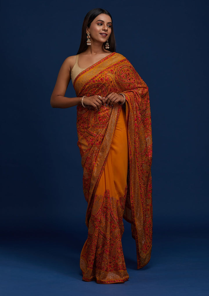 Mustard Swarovski Georgette Designer Saree - Koskii