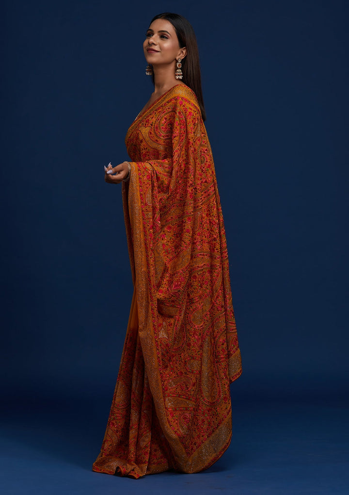 Mustard Swarovski Georgette Designer Saree - Koskii