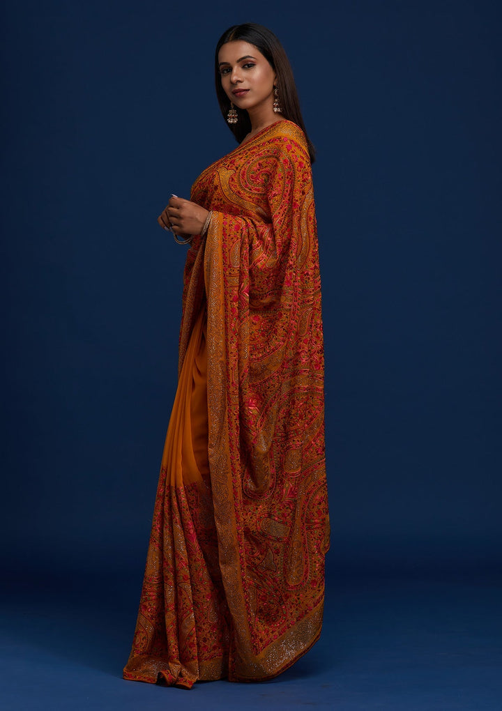 Mustard Swarovski Georgette Designer Saree - Koskii