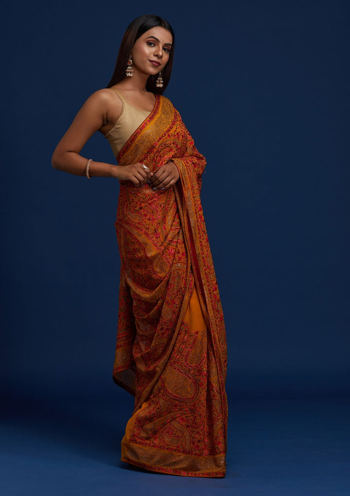 Mustard Swarovski Georgette Designer Saree - Koskii