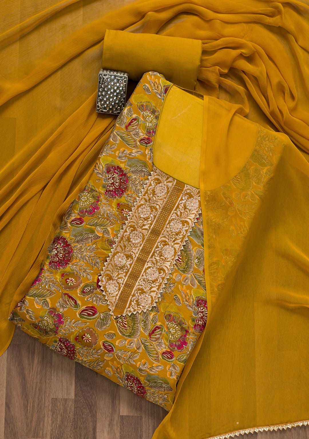 Mustard Semi Crepe Swarovski Unstitched Salwar Suit-koskii