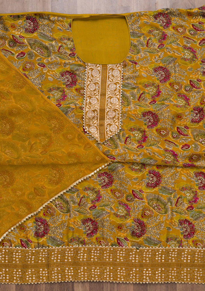 Mustard Semi Crepe Swarovski Unstitched Salwar Suit-koskii