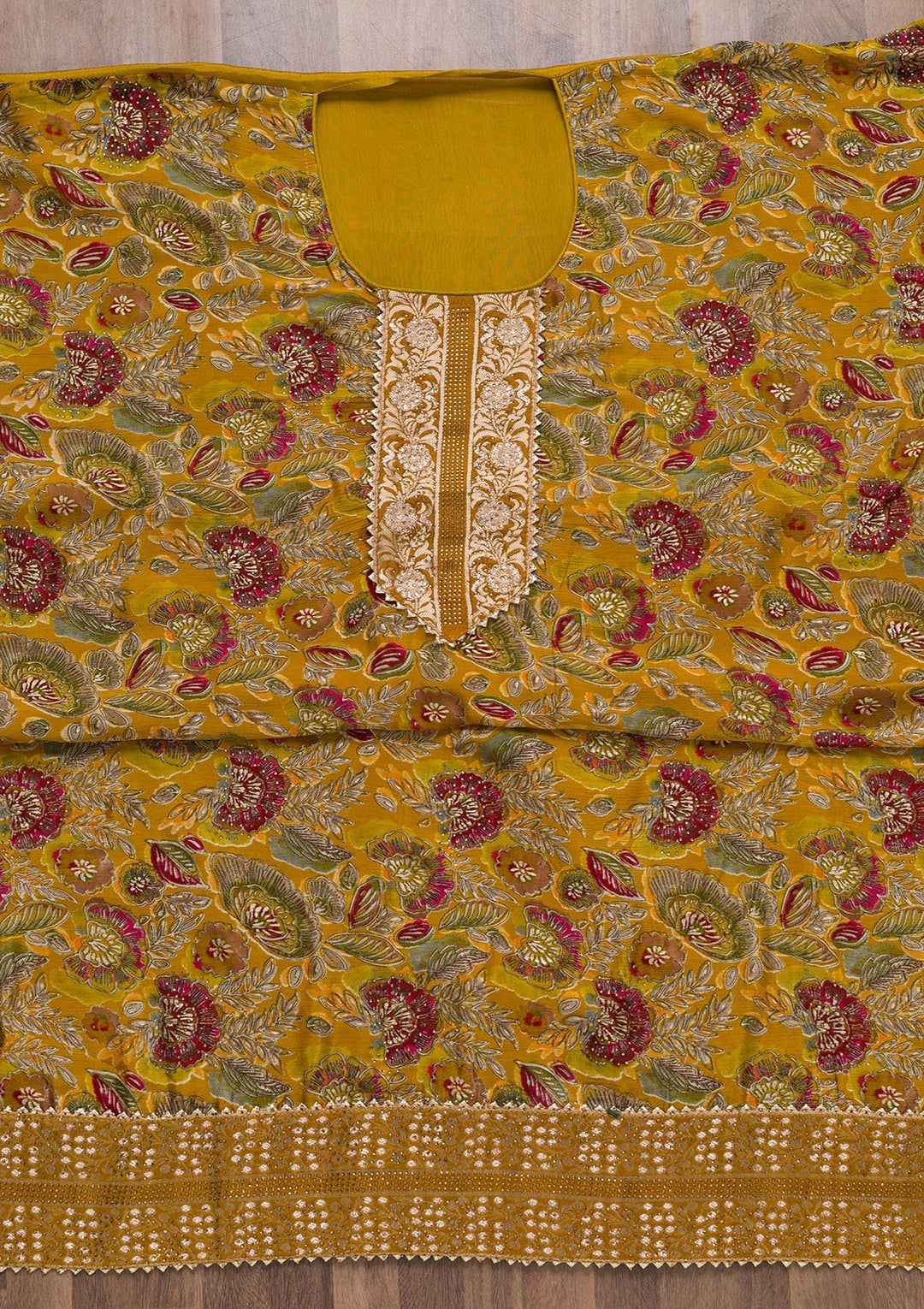 Mustard Semi Crepe Swarovski Unstitched Salwar Suit-koskii